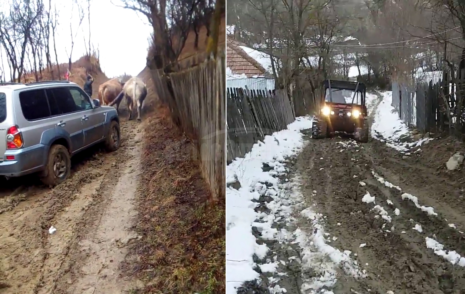 VIDEO Cum s-a comportat șenilata pompierilor pe drumul scufundat în noroaiele din care un jeep a fost scos cu boii