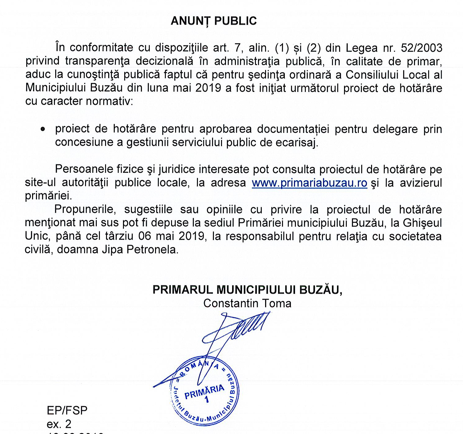 Anunț Public Ecarisaj