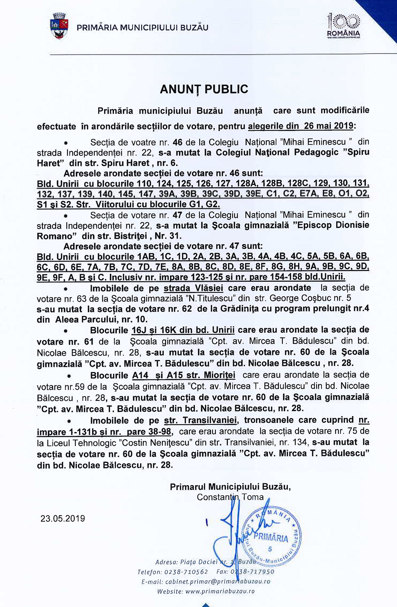 Anunt privind adrese mutate