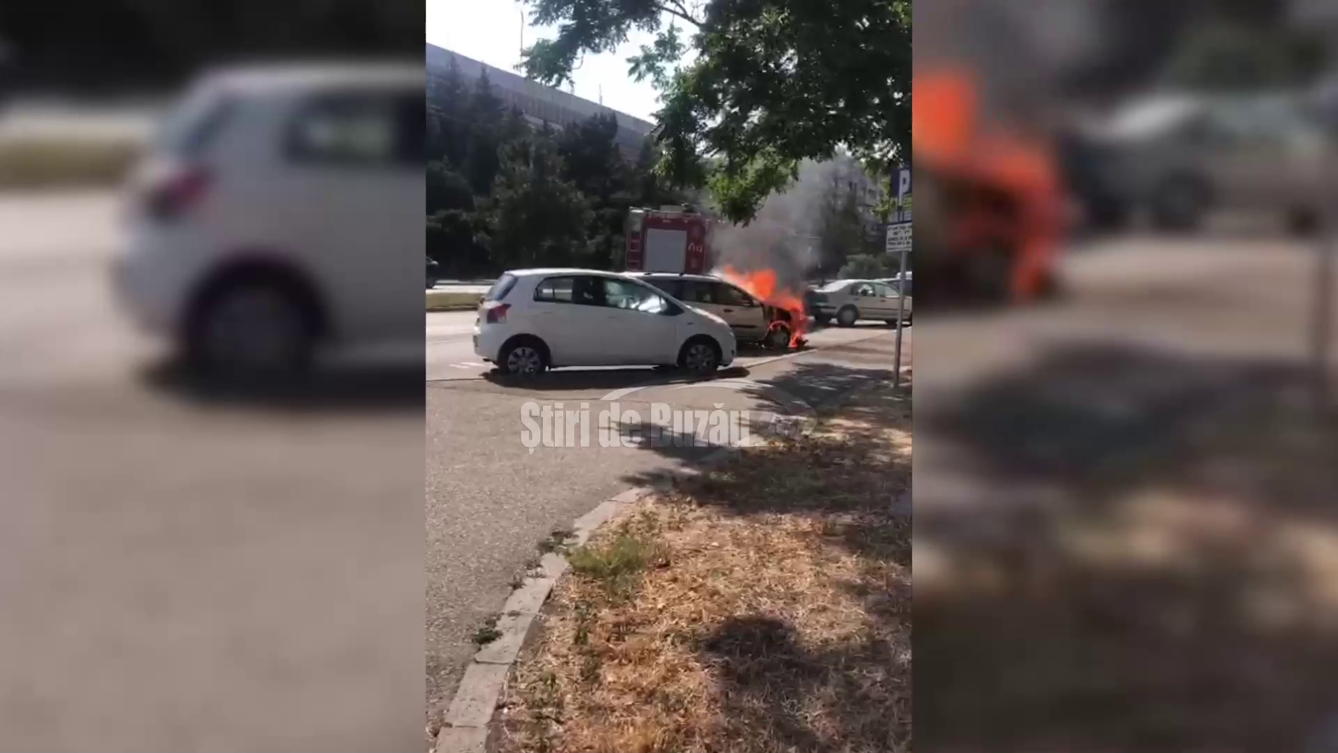 VIDEO Autoturism în flăcări, pe un bulevard din municipiul Buzău