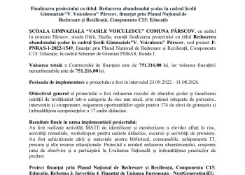Comunicat de presă: Reducerea abandonului școlar în cadrul Școlii Gimnaziale”V. Voiculescu” Pârscov