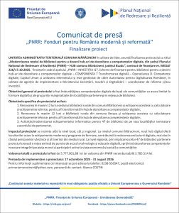 Comunicat de presă – PNRR: Fonduri pentru România modernă și reformată – Finalizare proiect